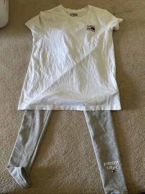 Tommy Hilfiger White Tee & Gray Logo Leggings Matching Set